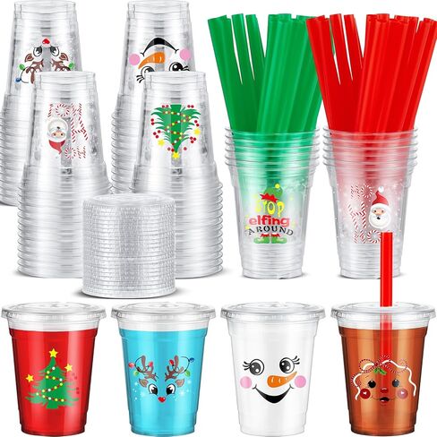 Zhehao 50 Set Christmas Plastic Cups Bulk Clear Disposable Christmas Cups with Lids and Straws Santa Snowman Xmas Tree Holiday Cup for Xmas Party Cold Beverages Juice Coffee Drinks Supplies(16 oz) in Kuwait