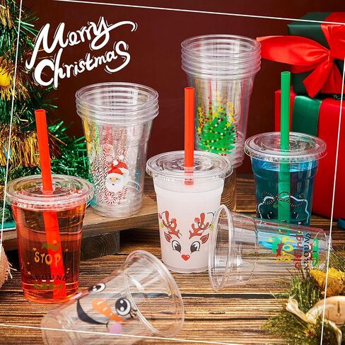 Zhehao 50 Set Christmas Plastic Cups Bulk Clear Disposable Christmas Cups with Lids and Straws Santa Snowman Xmas Tree Holiday Cup for Xmas Party Cold Beverages Juice Coffee Drinks Supplies(16 oz) in Saudi Arabia