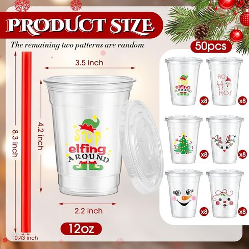 Zhehao 50 Set Christmas Plastic Cups Bulk Clear Disposable Christmas Cups with Lids and Straws Santa Snowman Xmas Tree Holiday Cup for Xmas Party Cold Beverages Juice Coffee Drinks Supplies(16 oz) in Kuwait