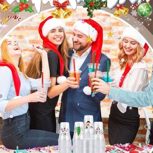 Zhehao 50 Set Christmas Plastic Cups Bulk Clear Disposable Christmas Cups with Lids and Straws Santa Snowman Xmas Tree Holiday Cup for Xmas Party Cold Beverages Juice Coffee Drinks Supplies(16 oz) in Saudi Arabia