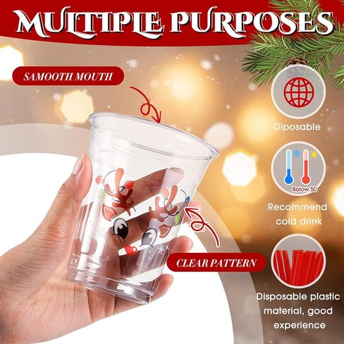 Zhehao 50 Set Christmas Plastic Cups Bulk Clear Disposable Christmas Cups with Lids and Straws Santa Snowman Xmas Tree Holiday Cup for Xmas Party Cold Beverages Juice Coffee Drinks Supplies(16 oz) in Kuwait