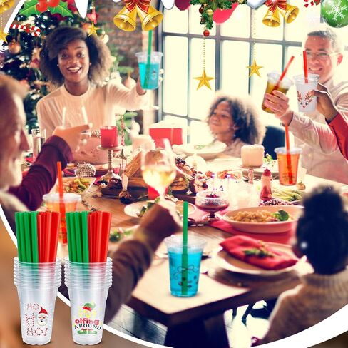 Zhehao 50 Set Christmas Plastic Cups Bulk Clear Disposable Christmas Cups with Lids and Straws Santa Snowman Xmas Tree Holiday Cup for Xmas Party Cold Beverages Juice Coffee Drinks Supplies(16 oz) in Saudi Arabia