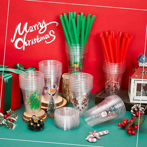 Zhehao 50 Set Christmas Plastic Cups Bulk Clear Disposable Christmas Cups with Lids and Straws Santa Snowman Xmas Tree Holiday Cup for Xmas Party Cold Beverages Juice Coffee Drinks Supplies(16 oz) in Kuwait