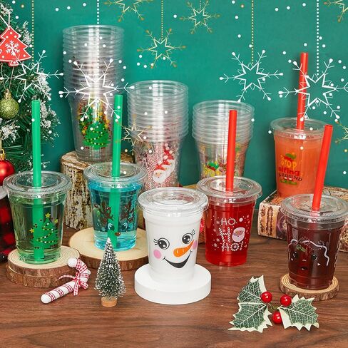 Zhehao 50 Set Christmas Plastic Cups Bulk Clear Disposable Christmas Cups with Lids and Straws Santa Snowman Xmas Tree Holiday Cup for Xmas Party Cold Beverages Juice Coffee Drinks Supplies(16 oz) in Kuwait