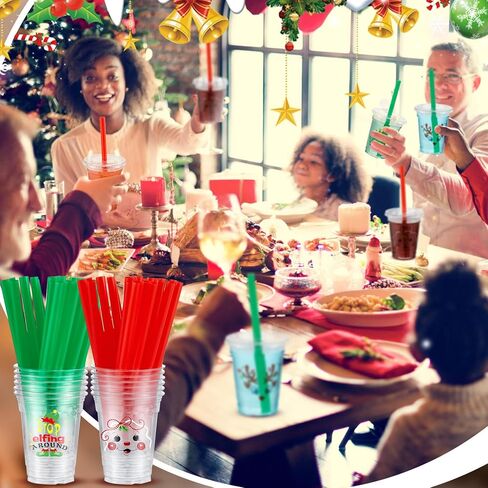 Zhehao 50 Set Christmas Plastic Cups Bulk Clear Disposable Christmas Cups with Lids and Straws Santa Snowman Xmas Tree Holiday Cup for Xmas Party Cold Beverages Juice Coffee Drinks Supplies(16 oz) in Kuwait