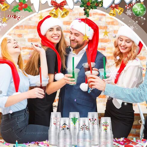 Zhehao 50 Set Christmas Plastic Cups Bulk Clear Disposable Christmas Cups with Lids and Straws Santa Snowman Xmas Tree Holiday Cup for Xmas Party Cold Beverages Juice Coffee Drinks Supplies(16 oz) in Kuwait