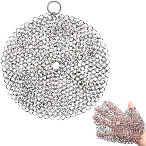 MYMENU Cast Iron Cleaner 316L Premium Stainless Steel Chainmail Scrubber Pan Scraper Cast Iron Skillet Grill Scraper for Cast Iron Pan Dutch Ovens Waffle Iron Pans Wok Pot Pre-Seasoned Pan (6 inch) in Saudi Arabia