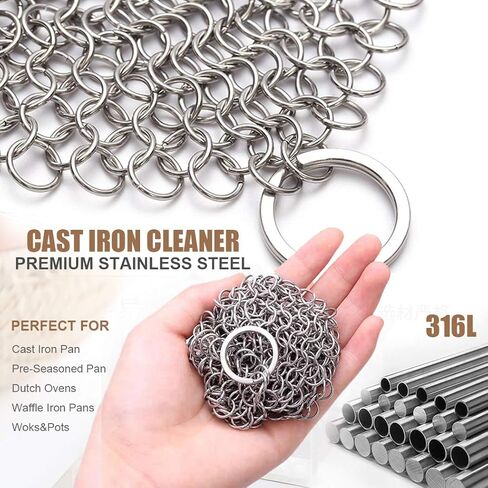 MYMENU Cast Iron Cleaner 316L Premium Stainless Steel Chainmail Scrubber Pan Scraper Cast Iron Skillet Grill Scraper for Cast Iron Pan Dutch Ovens Waffle Iron Pans Wok Pot Pre-Seasoned Pan (6 inch) in Saudi Arabia