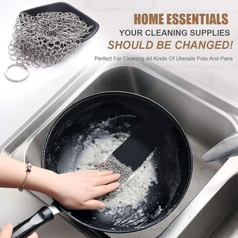 MYMENU Cast Iron Cleaner 316L Premium Stainless Steel Chainmail Scrubber Pan Scraper Cast Iron Skillet Grill Scraper for Cast Iron Pan Dutch Ovens Waffle Iron Pans Wok Pot Pre-Seasoned Pan (6 inch) in Saudi Arabia