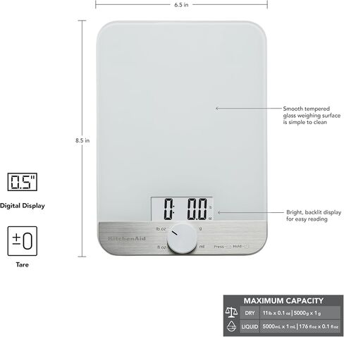 KitchenAid KQ908 Glass Surface 11 Pound Capacity Digital Kitchen and Food Scale, Scale for Food Ounces and Grams, Dry and Liquid Ingredients, Black in Saudi Arabia
