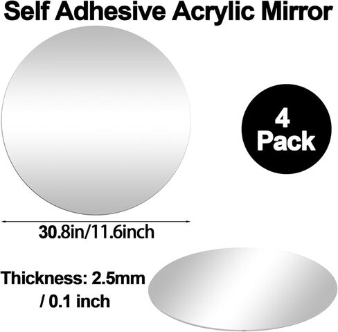 4 قطع مرآة حائط دائرية ذاتية اللصق مقاس 12 بوصة، مرآة دائرية من الأكريليك بسمك 2.5 مم، مرآة غير زجاجية، مرآة تزيين لاصقة للحمام وغرفة النوم وغرفة النوم والباب in Kuwait
