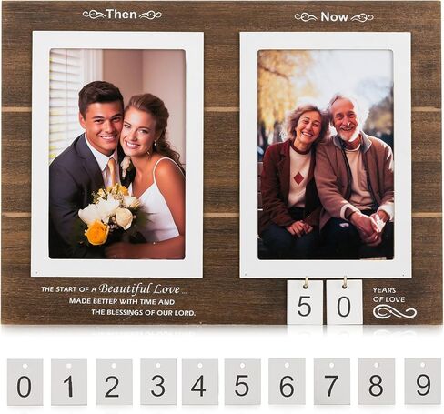 هدايا إطار الصورة NUPTIO مقاس 4 × 6: إطارات الصور الخشبية أفكار هدايا الزفاف بالذكرى السنوية 10 للزوجين العروس والآباء والأجداد والزوجة والخطوبة التذكارية من 1 إلى 99 عامًا، يحمل 50 صورتين آنذاك والآن in Kuwait