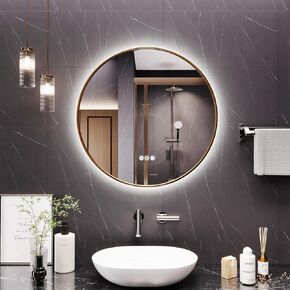 Round Bathroom Mirror with Lights, 36x36 Inch Vanity Mirror with Backlit, Anti-Fog, 3 Colors and Stepless Dimmable Wall Mounted Makeup Mirror with Metal Frame (Gold)