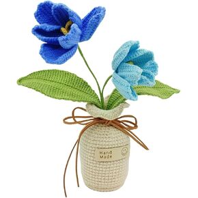 Handmade Crochet Tulip Artificial Flower, Blooming Tulip Flowers Paired with Vases, Suitable for Home Decoration, Festival Scene Display, and Gifting to Friends and Family (Blue)