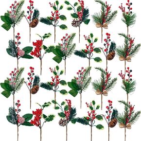 WILLBOND Artificial Christmas Tree Picks Red Berry Pine Picks Spray Berry Branches Holly Pine Flower Pick Berry Pinecones for Christmas Crafts Party Festive Home Decor (Elegant Style,24 Pcs)