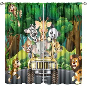 Kids Safari Animals Curtains, Tropical Jungle Safari Adventure African Animals Lion Elephant Monkey Print Window Drapes for Baby Boy Nursery Children Bedroom, 42" W X 45" L
