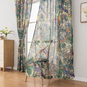 Green Vintage Painting Floral Semi-Sheer Curtains Linen Textured for Living Room96 inches Long Rod Pocket Light Filtering Window Drapes for Bedroom Dining 2 Panels