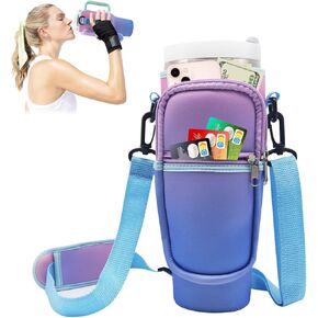 Water Bottle Holder with Strap, Water Bottle Carrier Bag with Phone Pocket, Shoulder Hand Strap Insulated Neoprene Water Bottle Cover, Stanley Cup Accessories, For Outdoor (Gradient Purple)
