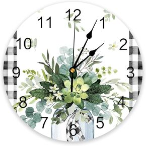 Non-Ticking Wall Clock for Kitchen/Living Room/Bedroom/Office/School/Bathroom Decor, Farmhouse Eucalyptus Leaves Black White Buffalo Plaid Silent Clock Battery Operate Wall Clock 10 Inch