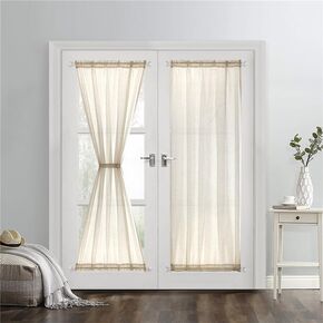 GYROHOME Beige French Door Curtains Faux Linen Sheer Voile Drapes Sunlight Filtering Protect Privacy Sidelight Curtains for Siding Glass Door Including Tiebacks, 2 Panels, 39x63inch