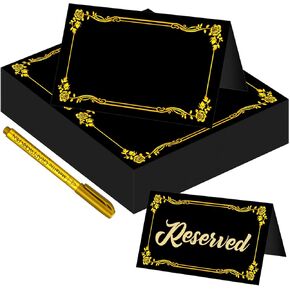 100 Pcs Black Place Cards and Gold Pen for Weddings, Name Cards with Gold Foil Border for Table Setting Folded Table Tents Sign for Buffet Banquet Parties Events Celebrations