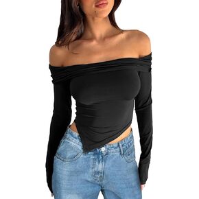 Off Shoulder Tops Women: Long Sleeve Crop Top Shirts Going Out Y2k Asymmetrical Fall 2024 Cute Slim Fit Clothes