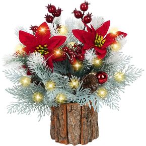 HUAESIN Christmas Decor Small Prelit Xmas Tree with Poinsettias Artificial Tabletop Lighted Mini Christmas Tree with Ornaments Pinecones Berries Indoor for Office Desk Home Party Winter Decorations