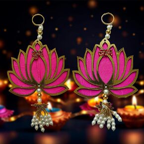 Pink Lotus Flower Subh Labh Hangings for Decoration 10x20cm - Indian Wall Decor for Festivals Home, Temple & Door Entrance
