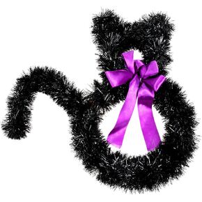 Cabilock Halloween Door Hanger Halloween Cat Wreath Rattan Hanging Black Cat Wreath Halloween Tinsel Front Door Wreath Garland for Party Home Door Wall Decorations