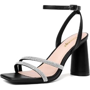 RIBONGZ Silver Strappy High Heels for Women Heeled Sandals Square Open Toe Ankle Strap Chunky Wedding Bridal Shoes Block Prom High Heels for Party Dress 9