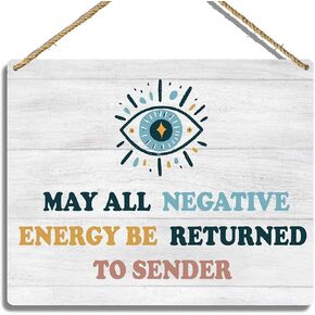 Evil Eye Decor Wooden Hanging Plaque, May All Negative Energy Be Returned to Sender Wall Sign, Spiritual Protection Rustic Wall Art for Living Room Bedroom Office