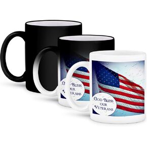 3dRose An American Flag with text God Bless our Veterans Mug, 11 oz, Black