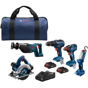 BOSCH GXL18V-601B25 18V 6-Tool Combo Kit with 2-In-1 Bit/Socket Impact Driver, Hammer Drill/Driver, Reciprocating Saw, Circular Saw, Angle Grinder, Floodlight and (2) CORE18V 4 Ah Compact Batteries