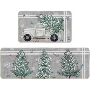 Artoid Mode Truck Pine Holly Stripes Christmas Decorative Kitchen Mats Set of 2, Home Decor Party Low-Profile Kitchen Rugs - 17x29 and 17x47 Inch