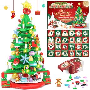 Advent Calendar 2024 Christmas Tree Building Set with LED Light, 24 Days Christmas Countdown Calendar Compatible with Lego Christmas Tree Building Blocks, Xmas Gifts for Adults Teens Kids