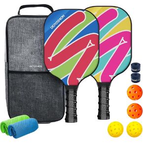 مجموعة مجاديف Pickleball، مضارب سطحية من الألياف الزجاجية من Deposhion، عبوتان مع 4 كرات Pickleball، قطعتان من المناشف الرياضية، 1 حقيبة Pickleball، متينة وخفيفة الوزن، مجموعة Pickleball للرجال والنساء والأطفال