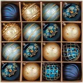 3.15" Christmas Ball Ornaments Set, 16pc Bulk Blue and Gold Xmas Tree Ornaments Decoration, Shatterproof Large Decorative Hanging Balls with Loop for Christmas Party Holiday Wreath Garland Home Decor