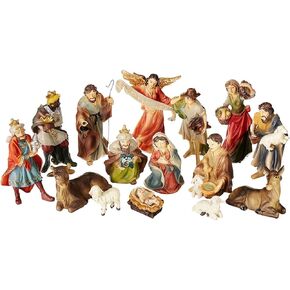 Faithful Treasure 15-Piece Complete Christmas Nativity Set | Manger Nativity Figurines | 4" Nativity Scene with Figures of Baby Jesus, Angel, Holy Family, Wise Men, Peasants, and Animals