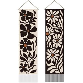 AHANDMAKER 2Pcs Abstract Flowers Tapestry, Abstract Daisy Long Vertical Tapestry Wall Hanging, Simple Flower Tassel Wall Tapestry Mystic Aesthetic Tapestry for Bedroom and Living Room(45.7x13 Inch)