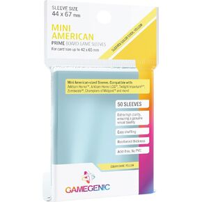 Prime Board Game Sleeves | Pack of 50 Extra-Clear Sleeves | 44 by 67 mm Card Sleeves Optimized for Mini American Card Games | Premium Card Protection | FFG Yellow Color Code | Made by Gamegenic