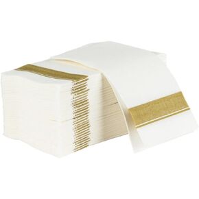 Cloth-Like Dinner Paper Napkins - Pack of 100 - Elegant & Premium White W/Gold Border, Perfect for Entertaining and Special Occasions