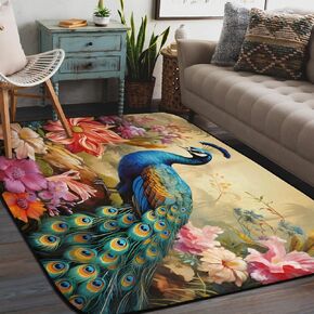 Area Rug 4x6ft Colorful Peacock Rug, Floor Cover Mat Flowers Carpet, Non-Slip Washable Throw Rug for Living Room Bedroom Dining Room Bathroom Kitchen Home Decor
