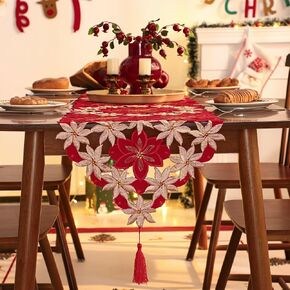 Tosleo Christmas Red Embroidered Table Runner with Tassel Luxury Merry Christmas Flowers Table Runner for Christmas Decor Winter Xmas Holiday Kitchen Dining Table Decor 15 x 70 Inch