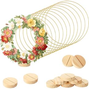 WOPPLXY 12 Pcs 12 Inch Metal Floral Hoop Centerpiece for Table, Metal Wreath Ring with 12 Pcs Wood Place Card Holders, Wreath Macrame Gold Hoop Rings for DIY Wedding Decor and Wall Hanging Crafts