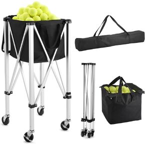 YooKoo Tennis Ball Hopper for 150 Balls, Tennis Ball Basket for Serve Training, Foldable Tennis Ball Cart with Storage Bag, Portable Pickleball Baseball Hopper Basket