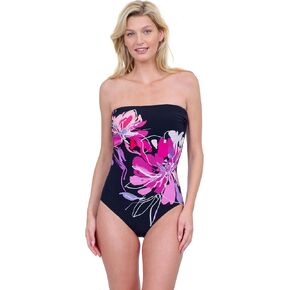 Gottex Water Lily Floral Print Women’s Bandeau One Piece Stylish Elegant Bathing Suit with Tummy Control Swim Essential