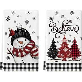 Artoid Mode Black Red Xmas Tree Snowman Christmas Kitchen Towels Dish Towels, 18x26 Inch Holiday Bird Believe Winter Decoration Hand Towels Set of 2