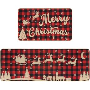 Christmas Kitchen Rugs, Non-Slip Christmas Kitchen Mats Set of 2, Red Buffalo Plaid Merry Christmas Decorations Indoor Decor, Anti Fatigue Holiday Kitchen Rugs for Floor - 17x29 and 17x47 Inch