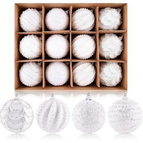 Glitter Christmas Balls Ornaments for Tree - Champagne Christmas Ornaments for Indoor Decorations - Shatterproof Foam Xmas Bulbs for Holiday Party Decor 80mm 3.15inch, Pack of 12