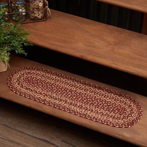 VHC Brands Burgundy Tan Jute Primitive Oval Stair Tread Non Slip Latex Backing, 8.5 x 27"